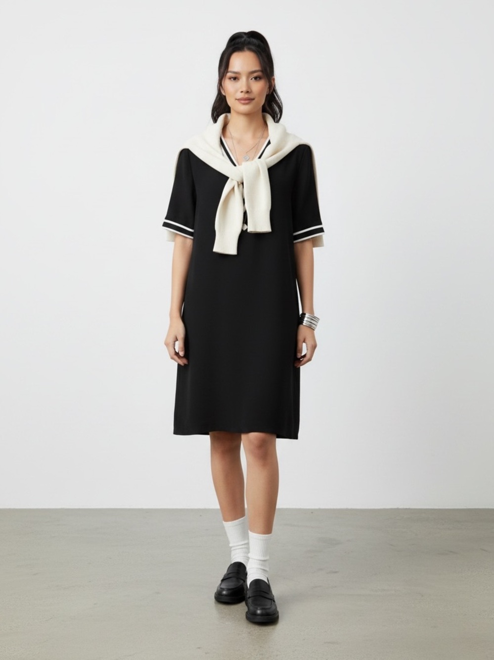 Rag & Bone Black Varsity Stripe Shift Dress Triacetate V-Neck | Size S